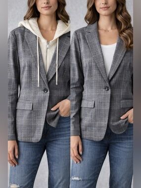 Tahari Women Plaid Blazer Jacket w/ Removable Hoodie Insert Gray Size L 2-in-1